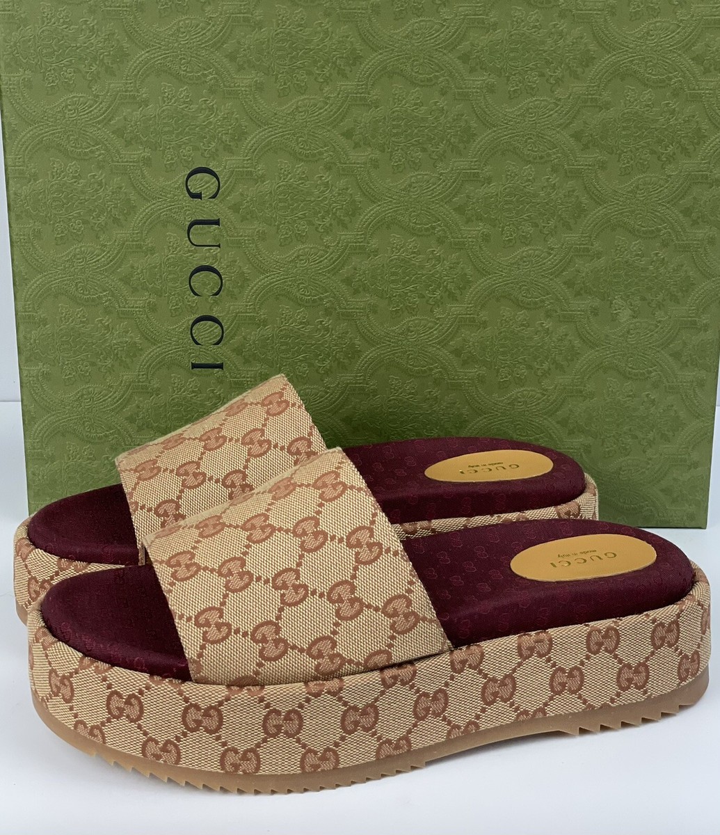 Gucci 573018 Angelina GG Supreme Platform Slide Sandals Beige Ruggine 42/US  12