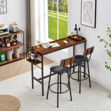 3pcs Bar Table Set Counter Height Pub Table Stools Soft Seat Storage Rack Brown