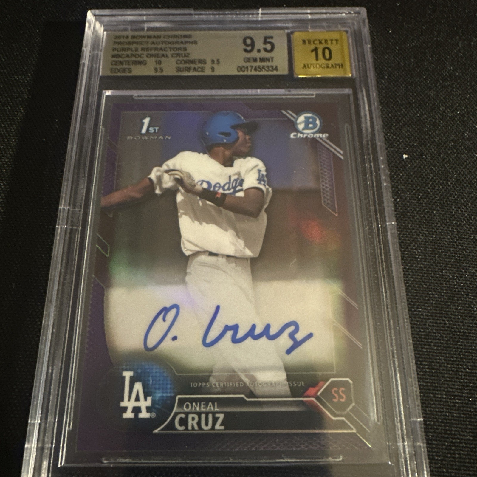 Oneil Oneal Cruz 2016 Bowman Chrome Purple Refractor /250 Auto BGS 9.5 Pop 23