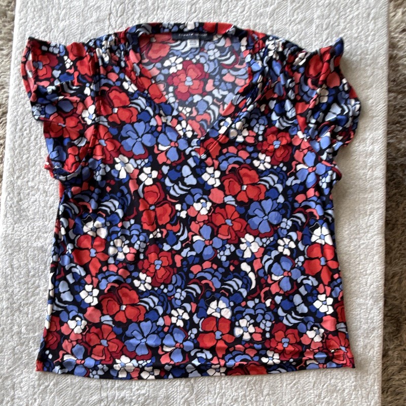 Tommy Hilfiger Multicolor Floral V-Neck Ruffle Sleeve Knit Top Polyester M