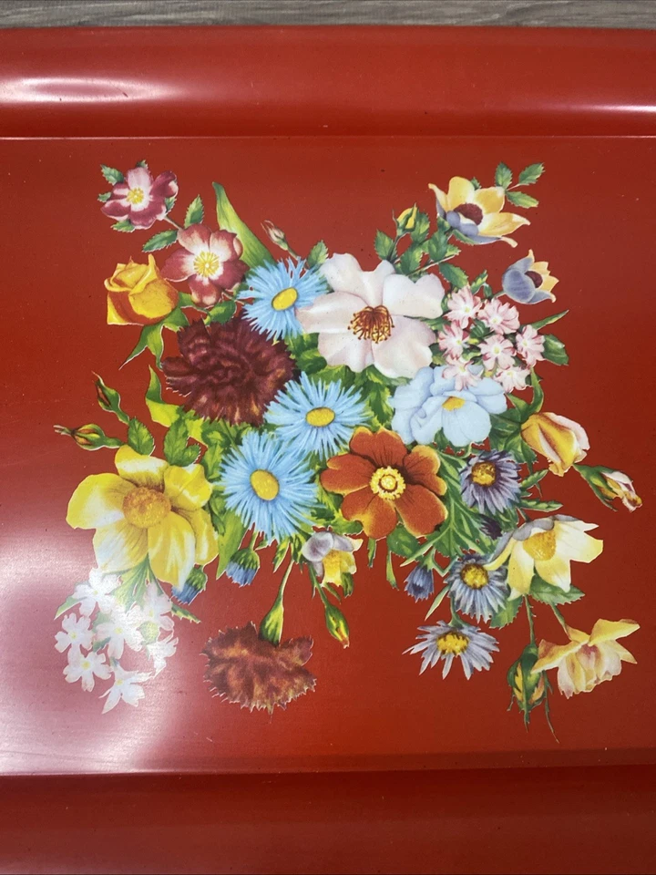 Vintage Metal Tray Red Floral Flowers 14x9 Breakfast Lap Serving Work Tray - Image 3 of 4