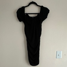 DE & ELLE Black Ruched Puff Sleeve Bodycon Midi Dress Square Neck Size M
