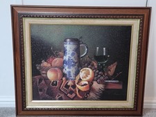 Reproduction print titled Still Life  Bowl Of Fruit and Wine -Raymond Cambell