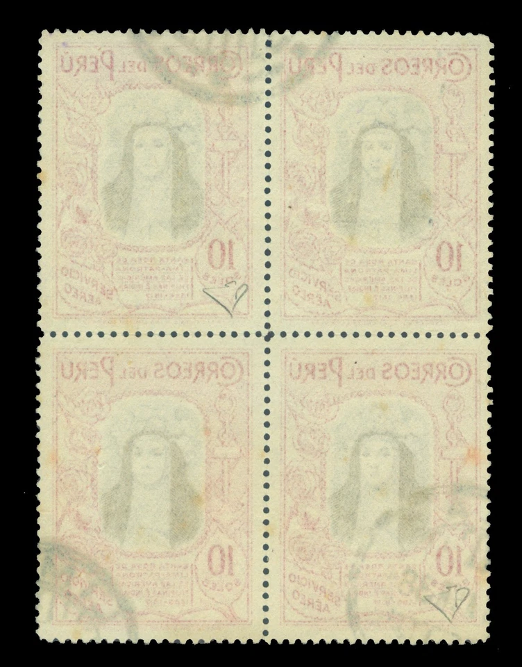 PERU 1936 AIRMAIL - Woman - St Rosa de Lima 10s carmine Sc# C39 used VF  Block 4 - Image 2 of 2