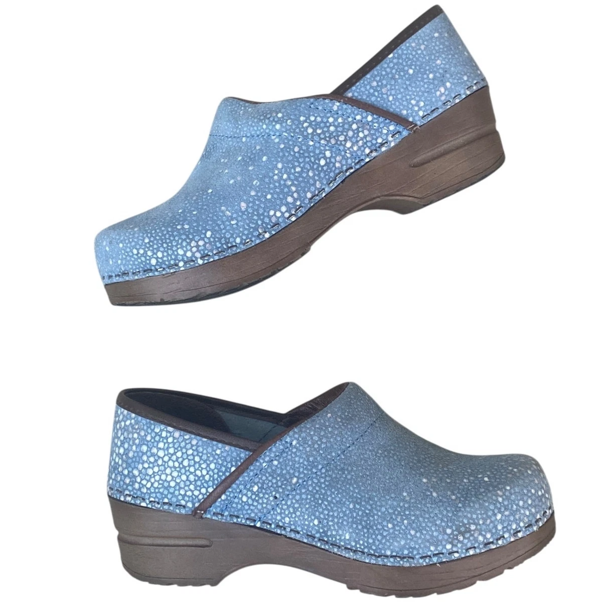 Sanita Professional Clogs Womens EU 35 US 5 Blue Speckled Dot Suede Leather Work