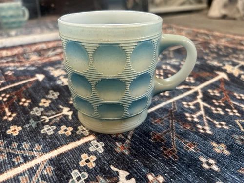 Fire King Blue Kimberly Diamond Pattern Glass Coffee Mug Cup MCM VTG 7 oz 3.75"