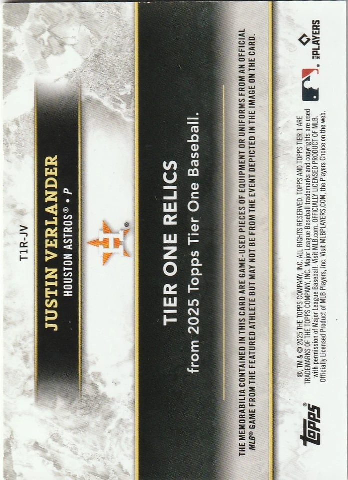 Parche triple 2025 Topps Tier One Justin Verlander/49 T1R-JV Houston Astros Foto 2 de 2