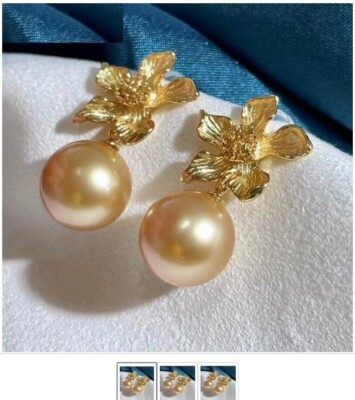New Gorgeous AAAAA11-10mm real natural round South Sea golden Pearl Earrings 925