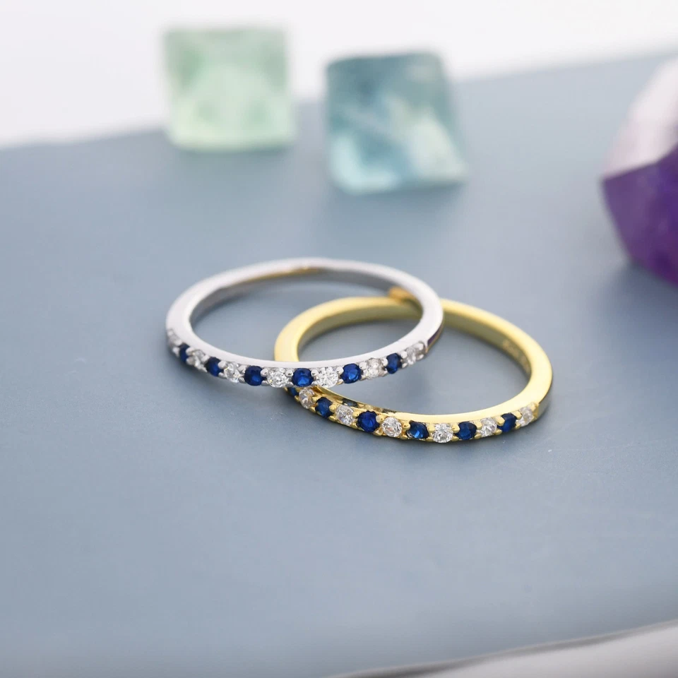 Blue Cubic Zircon Half Eternity Wedding Band In 925 Solid Silver Women Ring - Image 4 of 4