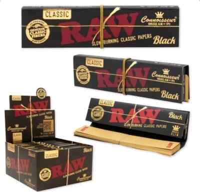 SEALED BOX 24 PKS of the New! RAW BLACK CONNOISSEUR King Size Slim Papers + Tips