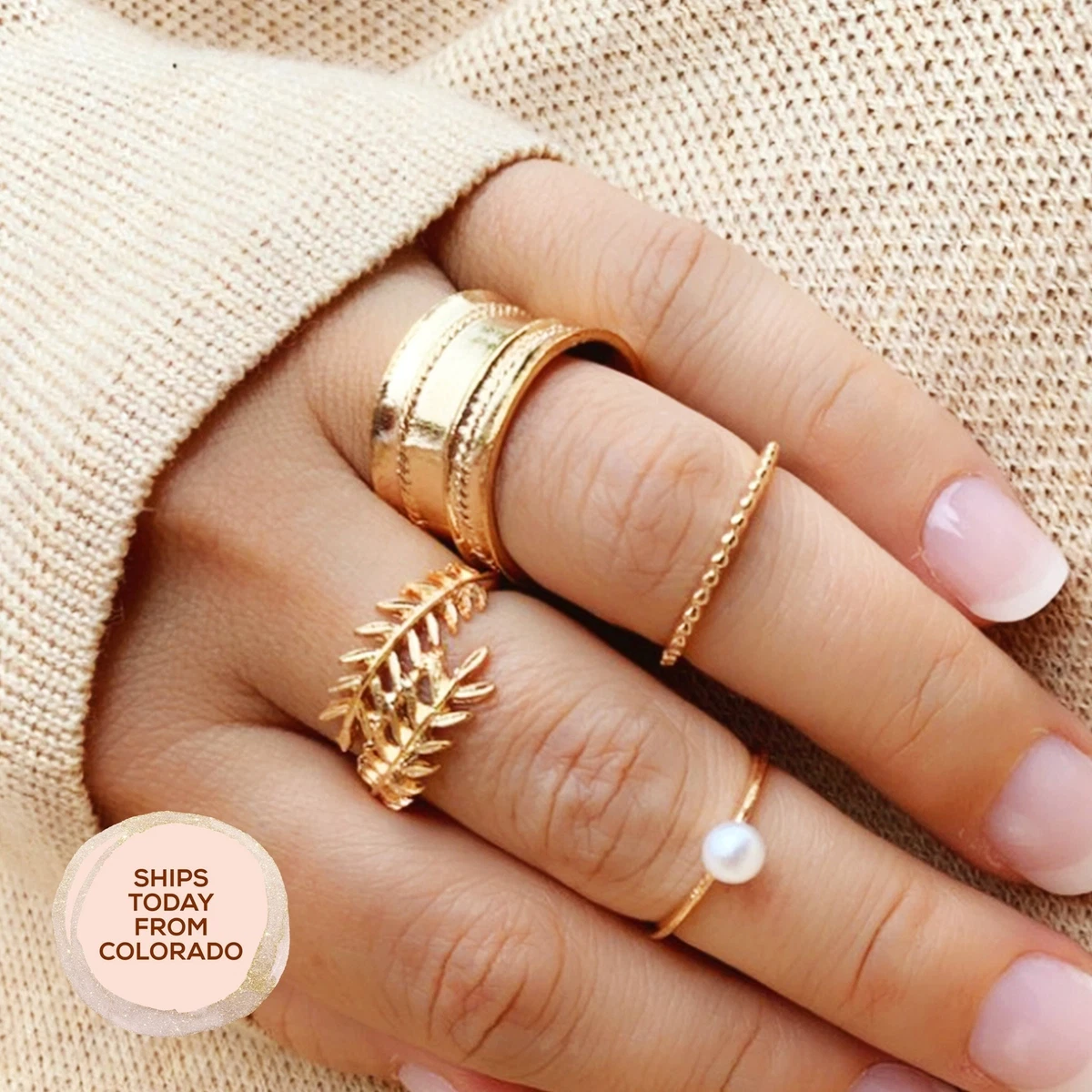 Stackable Rings Set Gold Leaf Ring Gold Pearl Ring Stacking Gold Dainty  Rings