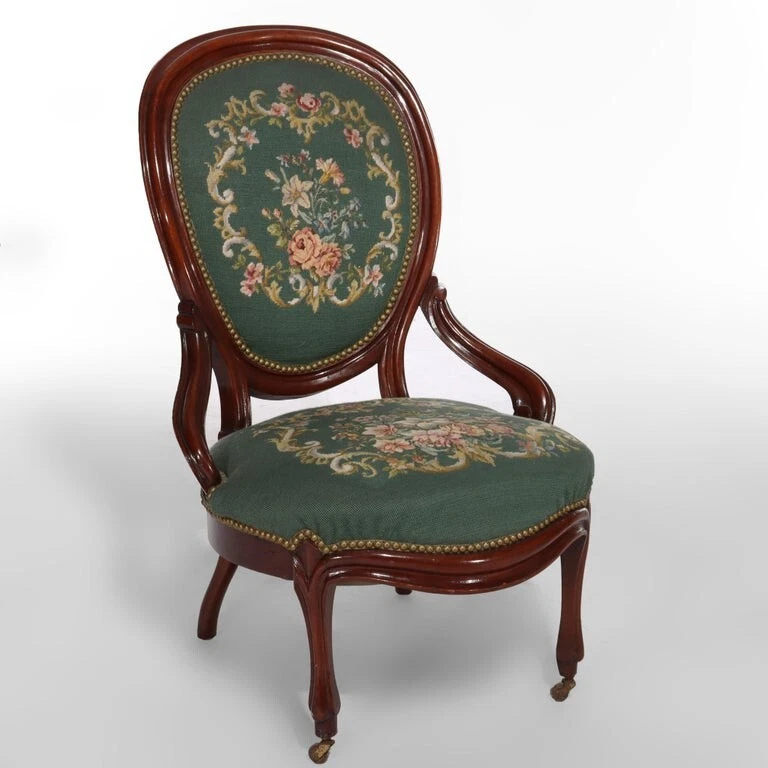 Pair Renaissance Revival Carved Walnut & Needlepoint Parlor Armchairs C1880 - Image 4 of 4