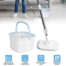 360° Spin Mop Bucket Wringer Set 2 Microfiber Mop Refills 52" Extended Handle