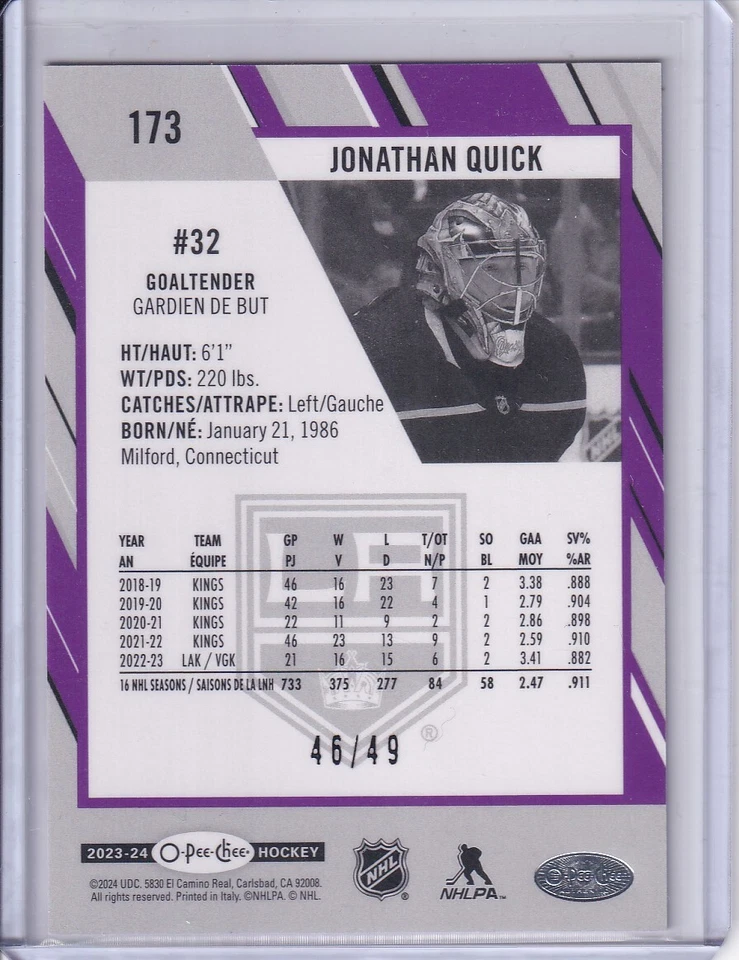 Jonathan Quick, LA Kings 2023-24 O Pee Chee purple border 46/49 #173 - Image 2 of 2