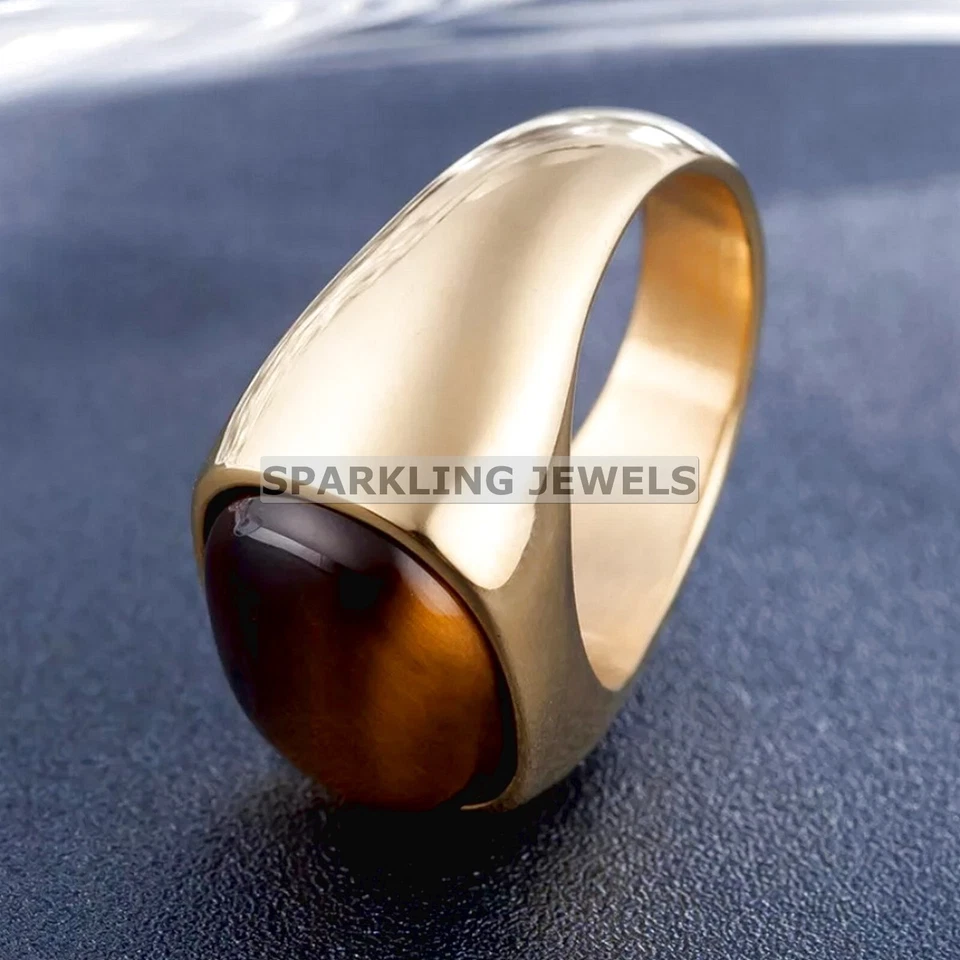 Lustrous Tiger's Eye Oval Cut With 925 Silver Gold Plated Ring For Men #C377 - Image 4 of 4
