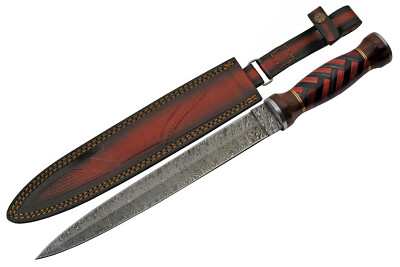 Dagger Knife | 12.25'' Blade Damascus Steel Double Edge Red/Black Wood Handle