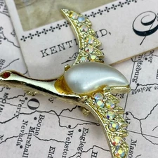 Vintage Flying Duck Lucite Pearl Belly Brooch w/ Rhinestone Wings & Red Rhinesto