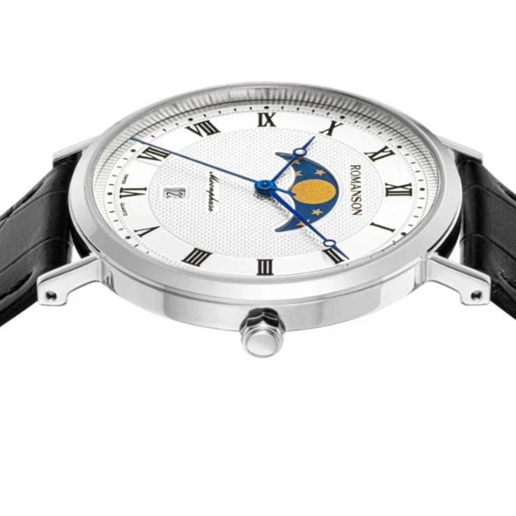 Reloj de cuero Romanson Kairos clásico fase lunar esfera blanca RWTLFM1B2400WHSI0 Foto 3 de 4