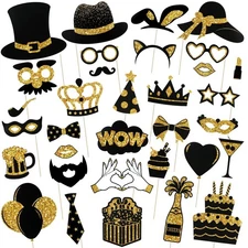 36PCS Black and Gold Photo Booth Prop, Party Photo Booth Props for Photoshoot...