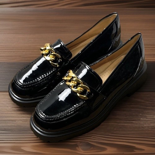 Atalina Schuhe Loafer Kette Schwarz Lackleder Slipper Freizeit Komfort Gr-9 Neu - Bild 2 von 6