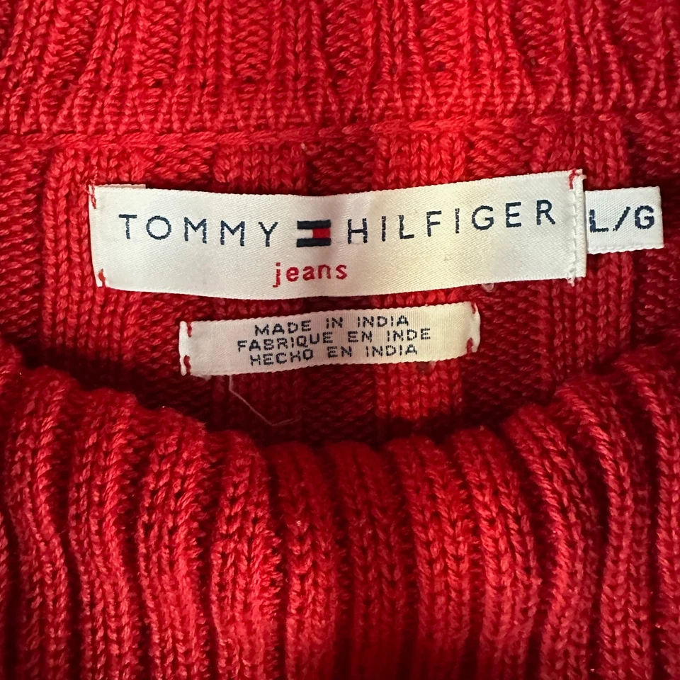 Vintage Tommy Hilfiger Sweater Womens Large Red Turtleneck Y2K Ribbed Cable Knit - Image 3 of 4