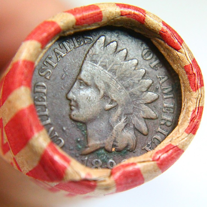1800's Dated Indian Head Penny Showing On End Of 50 Coin Wheat Cent Roll a-1