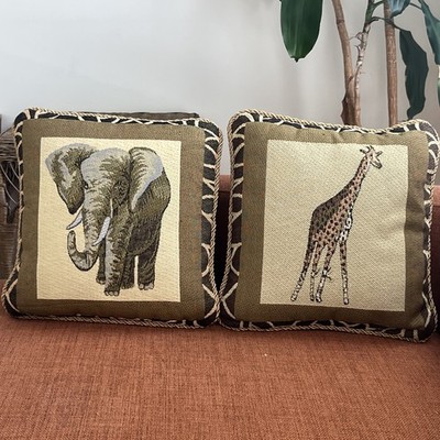 Safari Animals Throw Pillows 2 Upholstered Elephant Giraffe Jungle Braided Trim