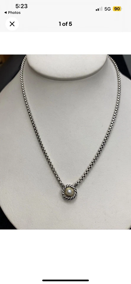 Perla David Yurman con colgante de plata de ley y oro de 14 quilates con cadena DY de 16 pulgadas Foto 2 de 4