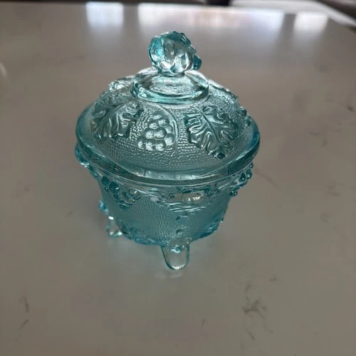 Vintage Jeanette Blue Covered Footed Candy Dish Harvest Grape With  Lid