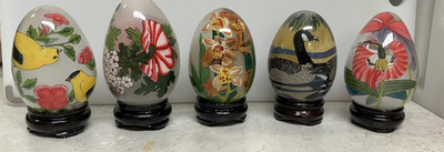 Set of 5 Vintage Reverse Painted Asian Glass Eggs With Stands