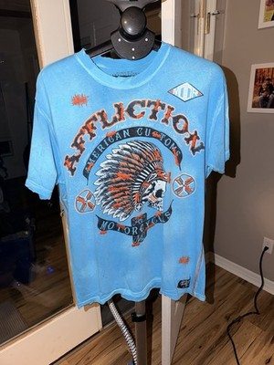 Affliction American Customs XL Blue Skull Headdress Y2K Distressed Graphic Tee
