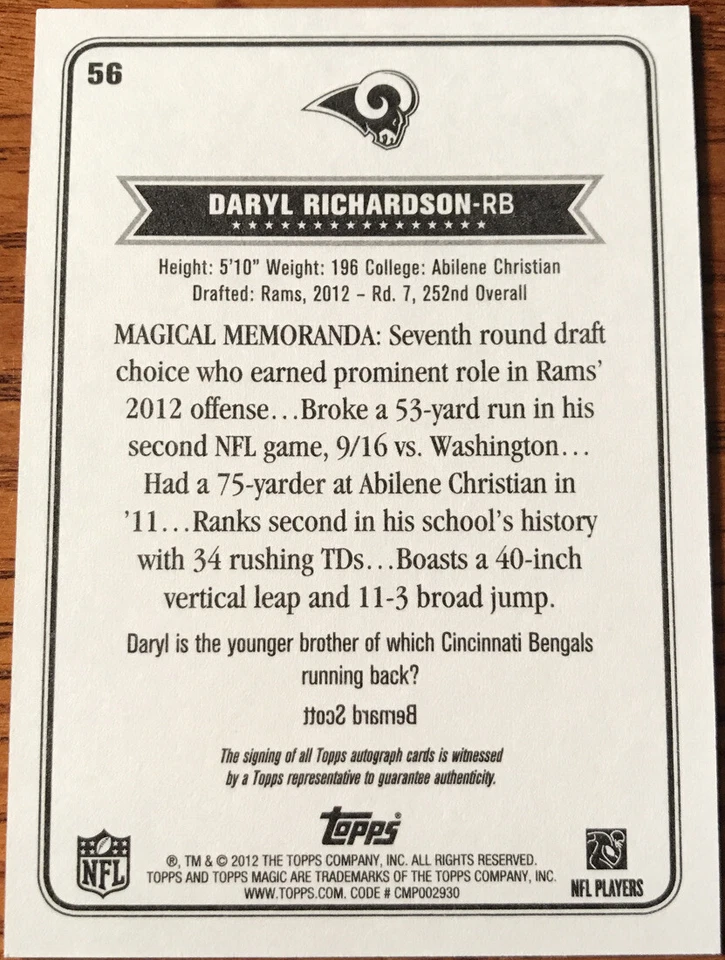2012 Topps Magic Autographs Daryl Richardson #56 St.Louis Rams - Image 2 of 2
