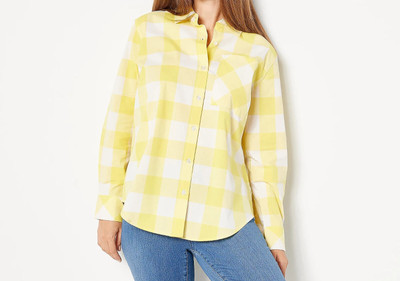 Studio Park x Leah Williams Stretch Poplin Button Shirt - YELLOW CHECK , LARGE