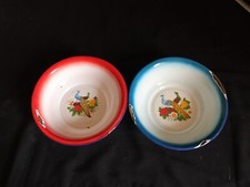 Vintage Pair of ST Brand Enamelware Bowls, Ornate Peacock Design, Serving Dishes