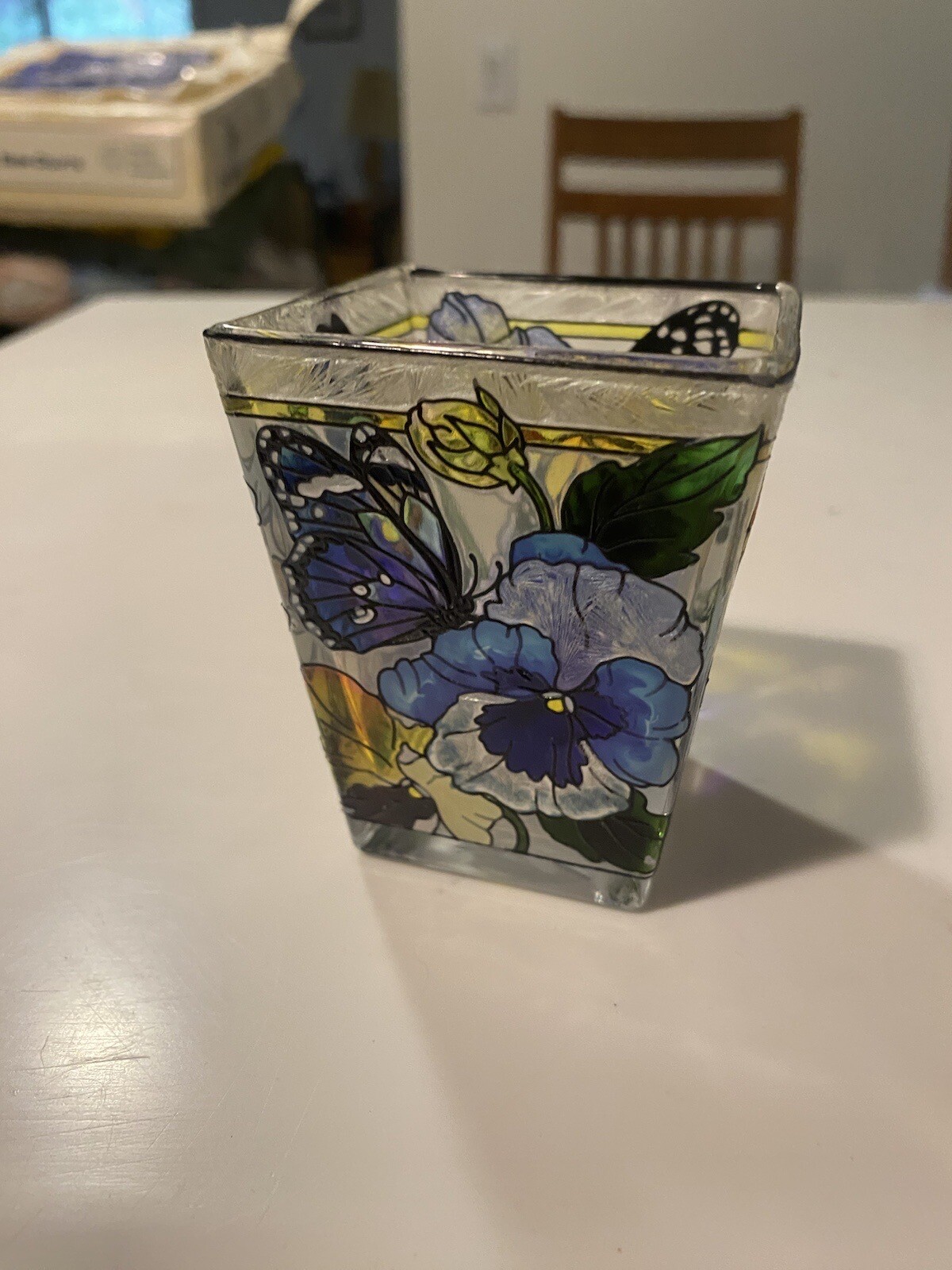 Amia Stained Glass Hand Painted Votive Candle Holder W/Butterflies