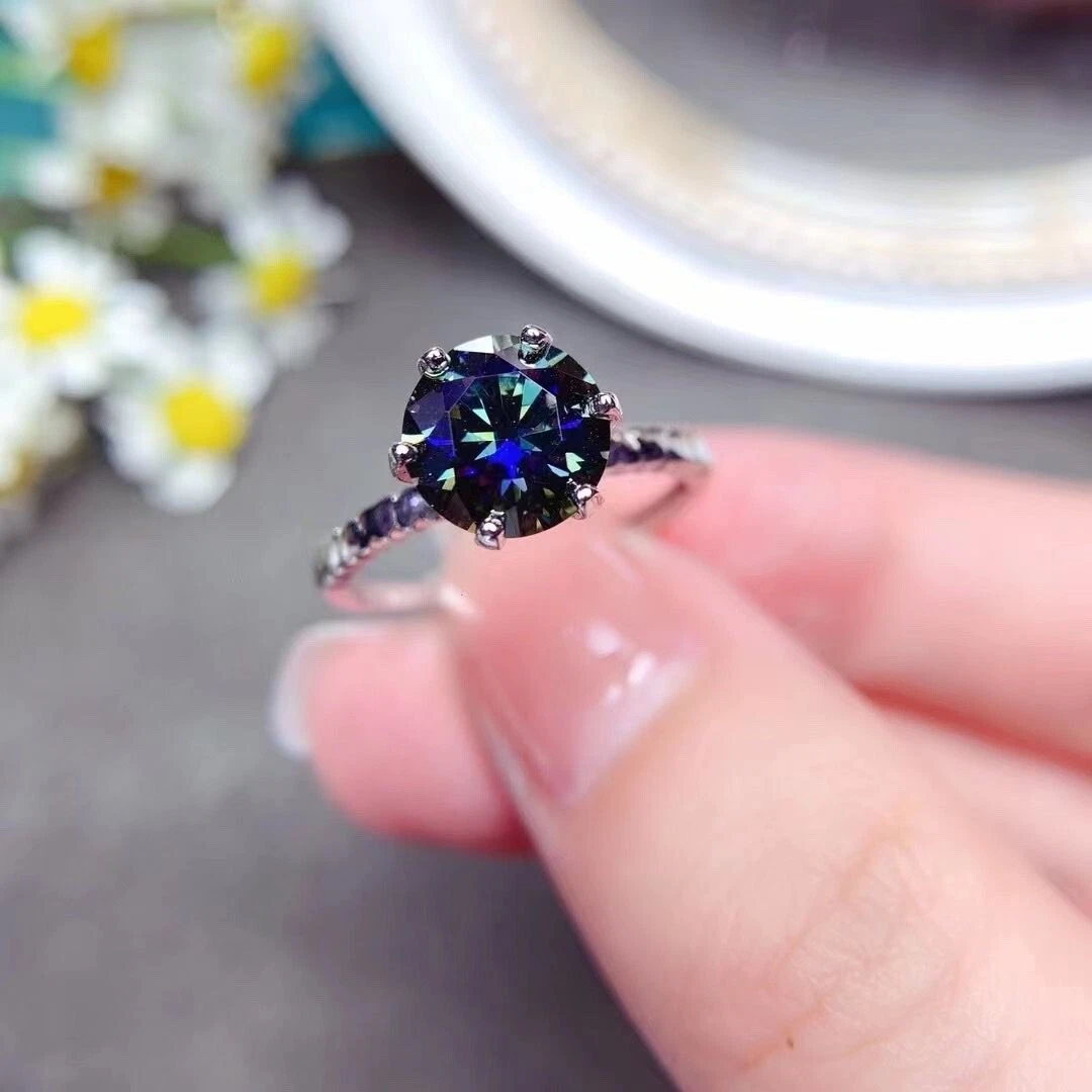 2 Carat Dark Blue Moissanite Ring Dark Blue Moissanite Sterling Silver Ring