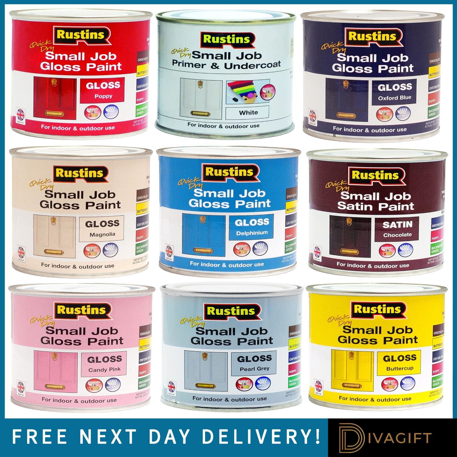 RUSTINS SMALL JOB GLOSS PAINTS INDOOR & OUTDOOR USE FOR WOOD METAL 250ML NEW