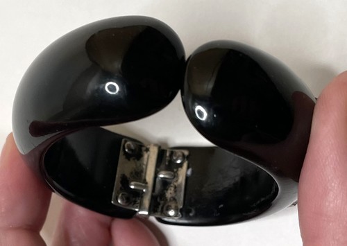 Vintage 60s Weiss Black Lucite Floral Rhinestone Bangle Bracelet Hinged Clamper - Picture 10 of 11