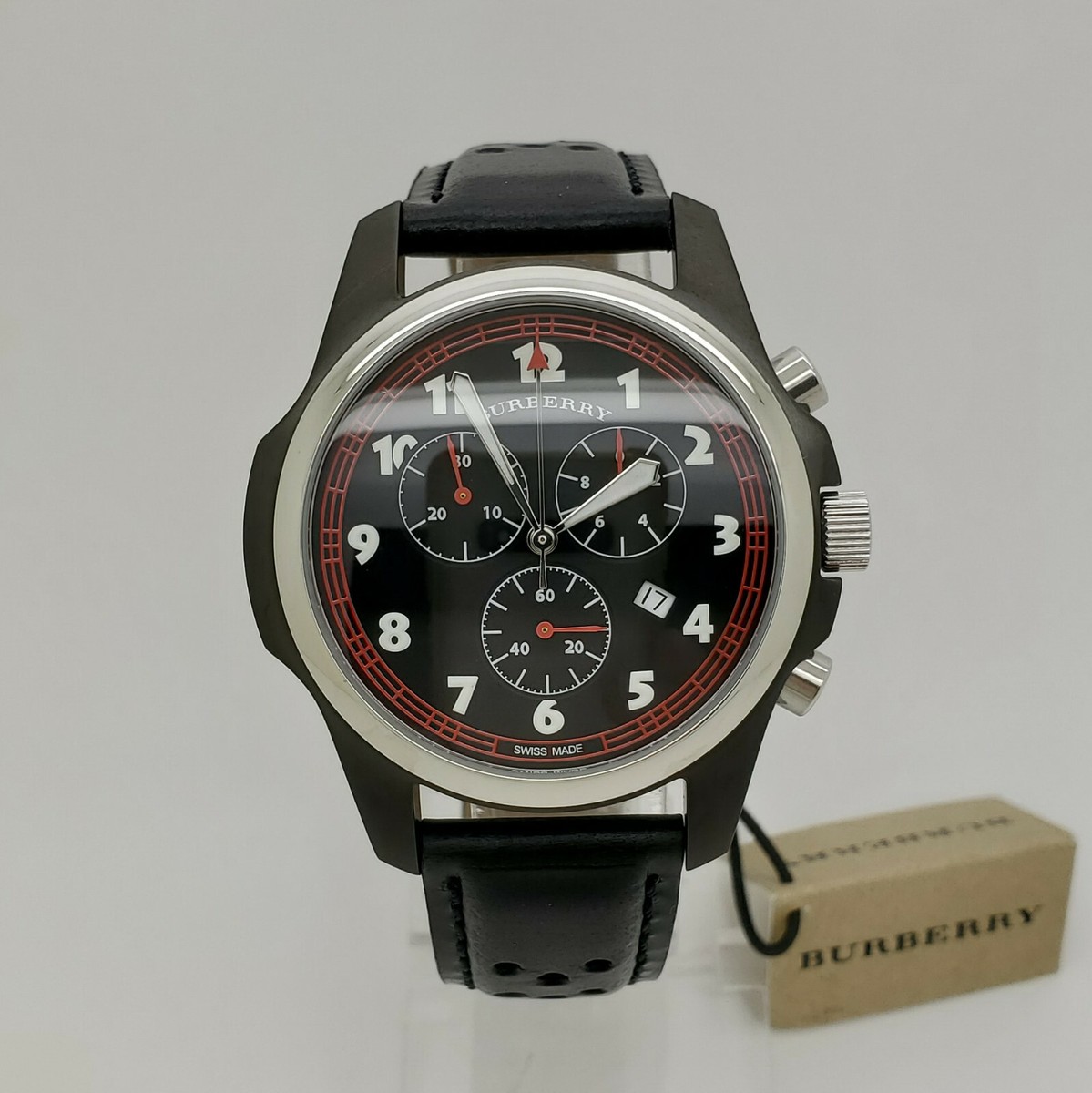Burberry BU7002 Black Chronograph Dial Leather Strap Mens Swiss