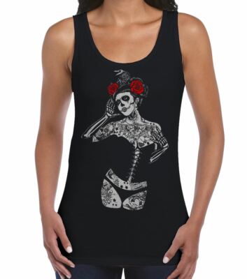 Black Crow Sugar Skull Girl Damen Trägershirt Tank Top - Goth Day Of The Dead