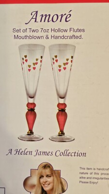 Pair of Amore Champagne Glasses by Mo Mo Panache Red Flutes, Red & Gold Hearts.