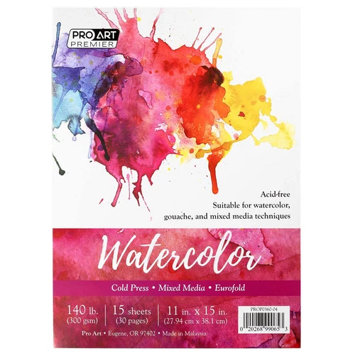 Pro Art Prem Watercolor Pad 11"x15", 15 sheets, 140# CP TP, Watercolor Paper,