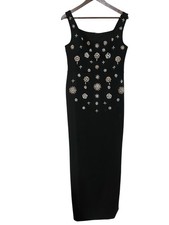 Women Black Ponte Knit Sleeveless Maxi Dress Rhinestone Embellishment Medium