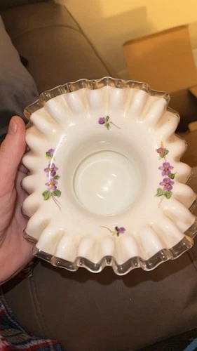 Fenton Glass Hand Painted Violets in the Snow Silvercrest Hat Vase 6"L x4 1/4"T