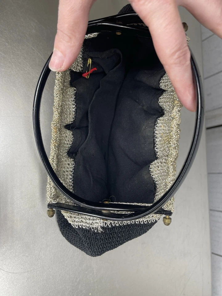 Vintage 60s Crochet Purse & Woven Metal With Silver Bead Accents Top Handle - Image 2 of 4
