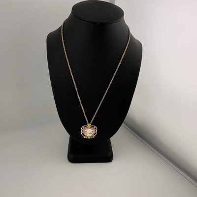 Vtg Precious Moments PMI Necklace Pink Faux Cameo Pendant GoldT Filigree 1990s