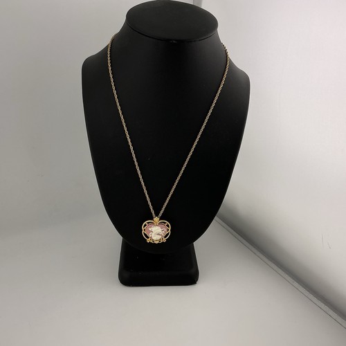 Vtg Precious Moments PMI Necklace Pink Faux Cameo Pendant GoldT Filigree 1990s