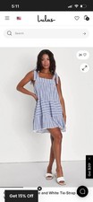 Lulus Women Chic In Santorini Blue And White Tie-Strap Dress With Pockets L