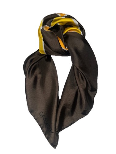 Givenchy Square 29” Hand Rolled Scarf Brown with Orange & Yellow Cross Stripe - Picture 3 of 4