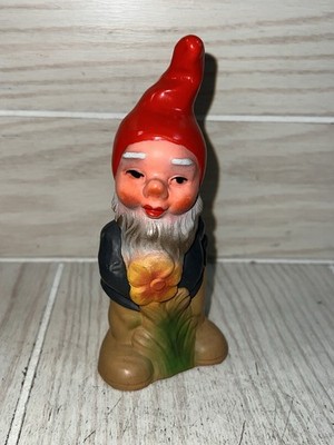 Heissner Dwarf Gnome with Flower Vintage Decorative Hard Plastic Figure 5 1/2 